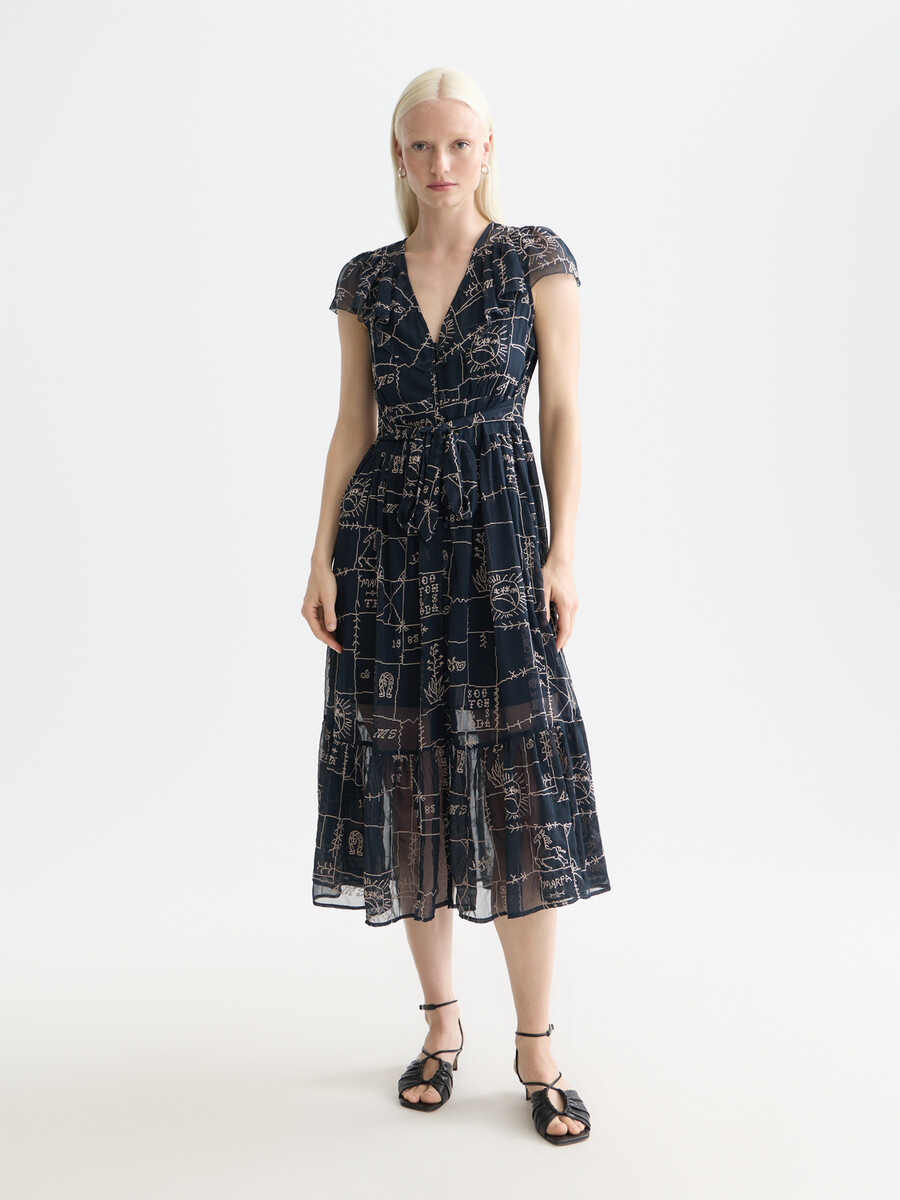 cross-stitch embroidered midi dress