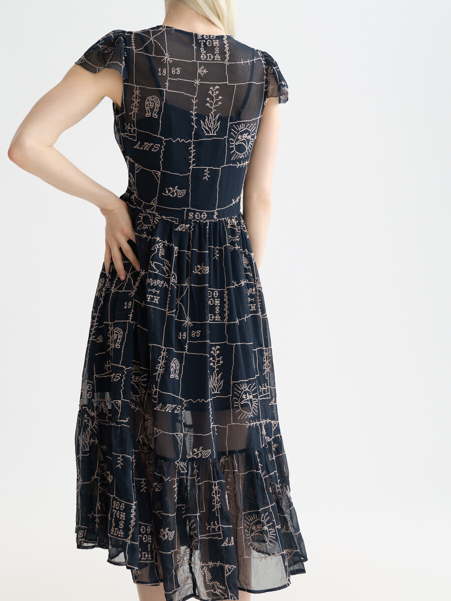 cross-stitch embroidered midi dress