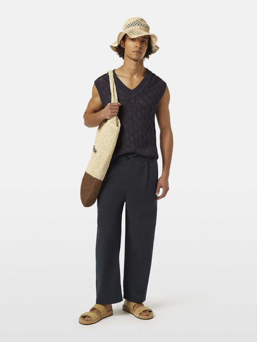 pleated relaxed straight cotton-blend seersucker jogger