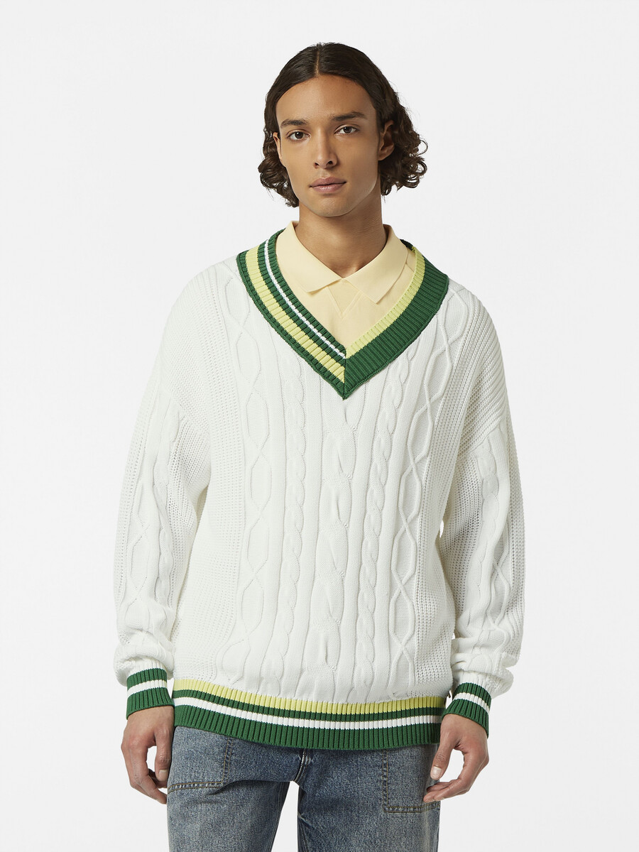 v-neck drop shoulder cable knit pullover