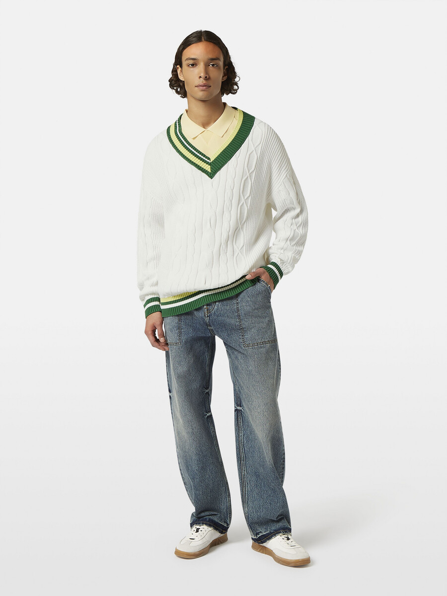 v-neck drop shoulder cable knit pullover