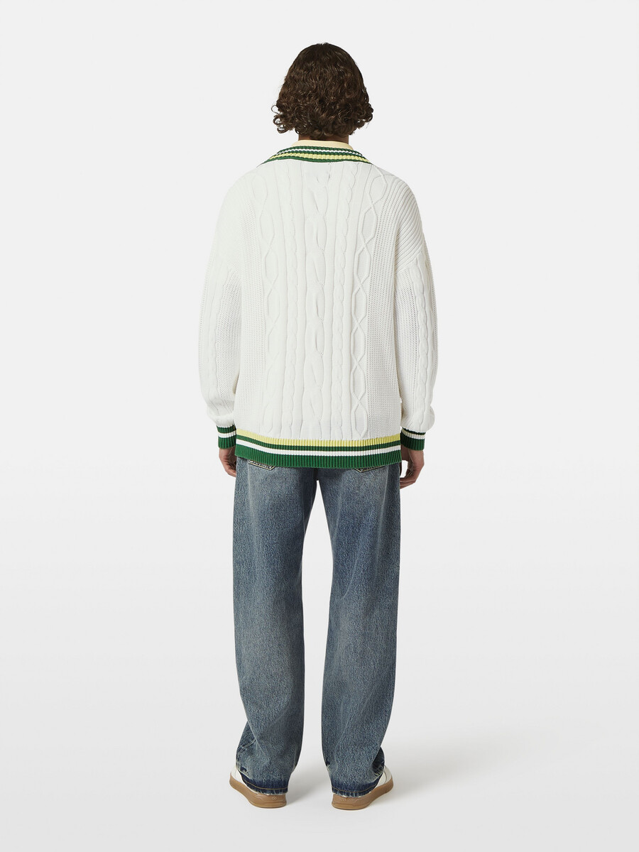 v-neck drop shoulder cable knit pullover