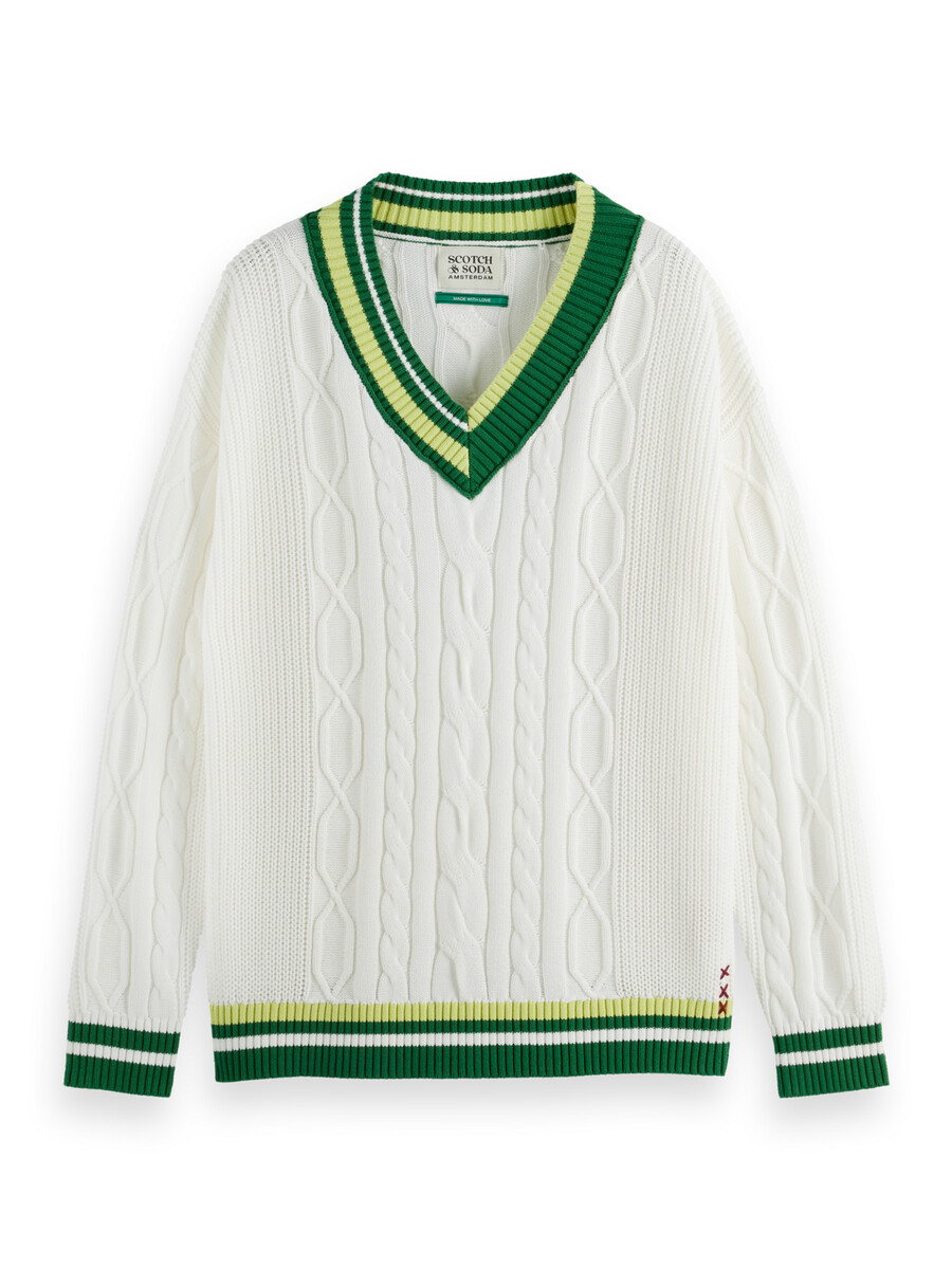 v-neck drop shoulder cable knit pullover