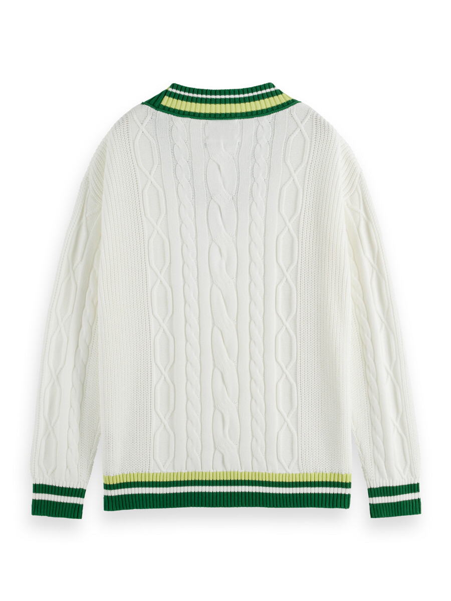v-neck drop shoulder cable knit pullover